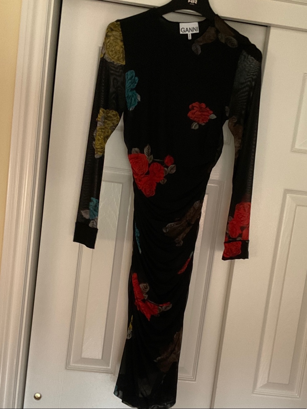 Ganni Black Long-Sleeve Floral Ruched Maxi Dress